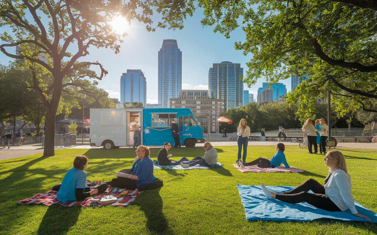 A sunny day in a lively Austin park where healthcare professionals are taking a break, enjoying live music and food trucks. The atmosphere is casual and friendly, with people lounging on blankets and discussing innovative medical practices. Surrounding the park, modern hospitals and clinics are visible, representing the city's growth as a healthcare hub. Bright and colorful, capturing the vibrancy of Austin's culture.