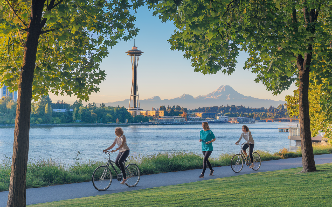 A serene view of Seattle’s waterfront with healthcare professionals enjoying outdoor recreational activities like jogging and biking on the scenic park trails. The backdrop features the Space Needle and the lush greenery of the surrounding mountains, with the bright blue sky reflecting the beauty of the Pacific Northwest. The scene conveys a balance between work, health, and nature.