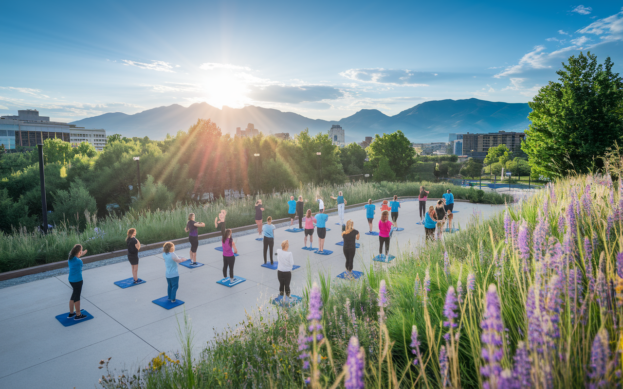 A vibrant scene in Denver's picturesque parks where healthcare professionals participate in group fitness classes amidst beautiful mountain views. The sun casts a warm glow over the outdoor activities, with lush greenery and colorful wildflowers surrounding the area, symbolizing the city’s health-conscious lifestyle and commitment to wellness.