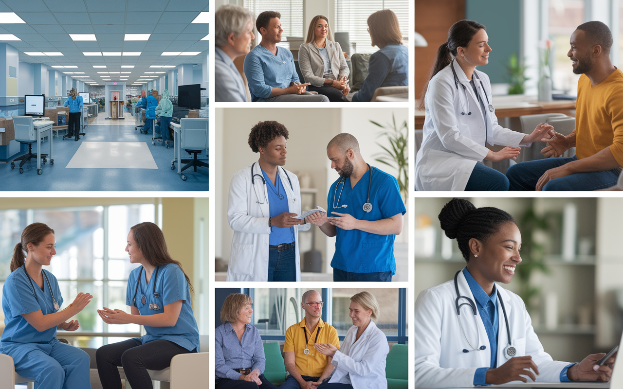 A collage of various healthcare environments, including a bustling hospital, a serene community health clinic, and a telemedicine session. Each setting is filled with medical professionals engaging with patients, demonstrating the diversity in job opportunities for family physicians. Bright, engaging lighting brings warmth to each scene, emphasizing the supportive nature of the healthcare community across different locations.