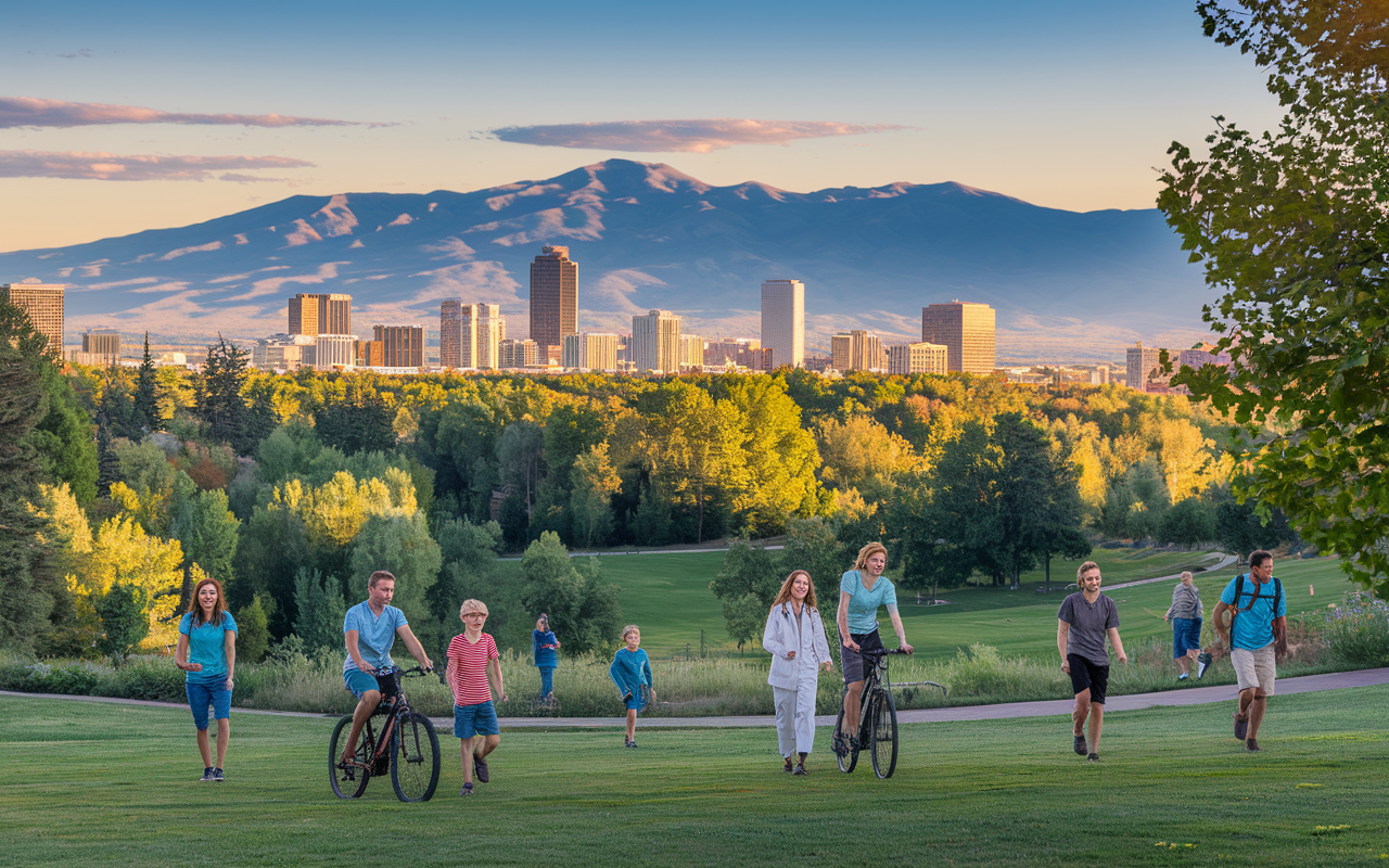 A breathtaking view of Boise, Idaho, showcasing its vibrant natural landscape. In the foreground, families and physicians enjoy outdoor activities like hiking and biking in lush green parks. The iconic foothills provide a stunning backdrop against a clear blue sky, reflecting adventure and an active lifestyle. Warm sunlight bathes the scene, adding a sense of joy and community.