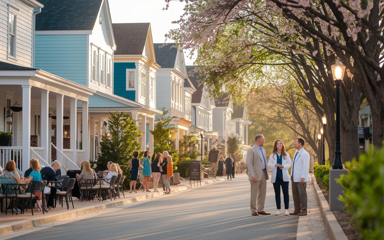 A picturesque street in Durham, North Carolina, lined with charming southern-style homes and blooming trees. Locals are seen enjoying outdoor cafes and visiting local shops, highlighting the community-driven atmosphere of the city. The golden hour light bathes the scene in warmth, and a family physician is seen conversing with community members, emphasizing connection and community health.