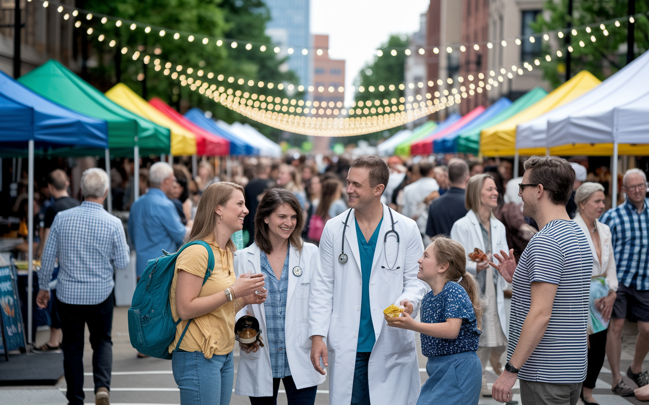 A lively scene in Ann Arbor, Michigan, during one of its vibrant festivals. Colorful tents showcase local crafts and food, with families and physicians mingling among the excited crowd. The backdrop features historic buildings, flourished with greenery, emphasizing the cultural richness of the city. Bright festival lights and smiling faces create a joyous atmosphere, ideal for family engagement.