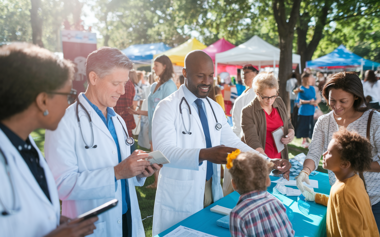 A diverse group of family physicians actively participating in a community health fair, offering free health screenings and medical advice to families. The fair is set up in a community park, featuring colorful booths, happy families, and engaging health-focused activities. Sunlight filters through the trees, creating a vibrant atmosphere filled with excitement and community involvement.