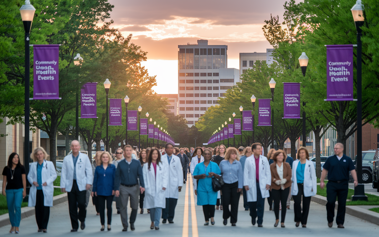 A busy street in Rochester, Minnesota, filled with healthcare professionals walking alongside culturally diverse residents. Bright banners celebrating community health events are hanging between trees. The sun is setting over the horizon, casting a warm, golden light. Medical facilities can be seen in the distance, showcasing modern architecture that represents a vibrant healthcare environment.