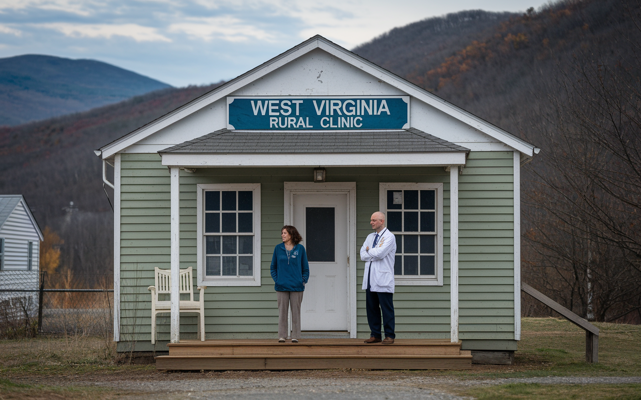 An image of a West Virginia rural clinic, depicted in a mountainous setting with a physician standing outside looking concerned. The high cost of living in the background juxtaposes the relatively low salaries, illustrating the economic strain. The atmosphere is somber, with a hint of isolation from the rural landscape, capturing the difficulty faced by healthcare workers in this region.