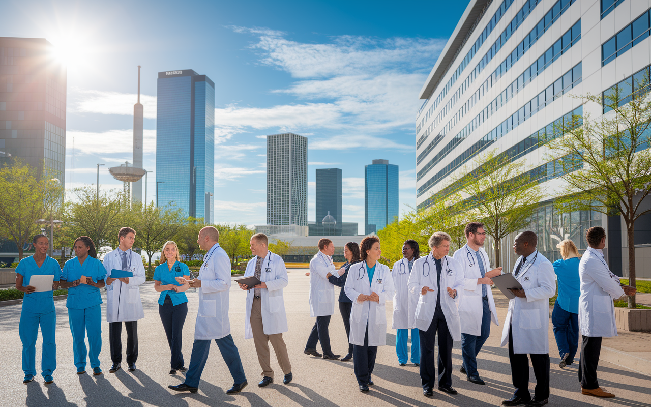 A bustling urban scene in Houston, Texas, showcasing a variety of healthcare professionals in action. The foreground features a group of diverse doctors discussing strategies in front of a large medical center, while Texas landmarks like the Space Center are visible in the background. The atmosphere is busy yet harmonious, with bright sunlight illuminating the scene, symbolizing abundant job opportunities and growth.