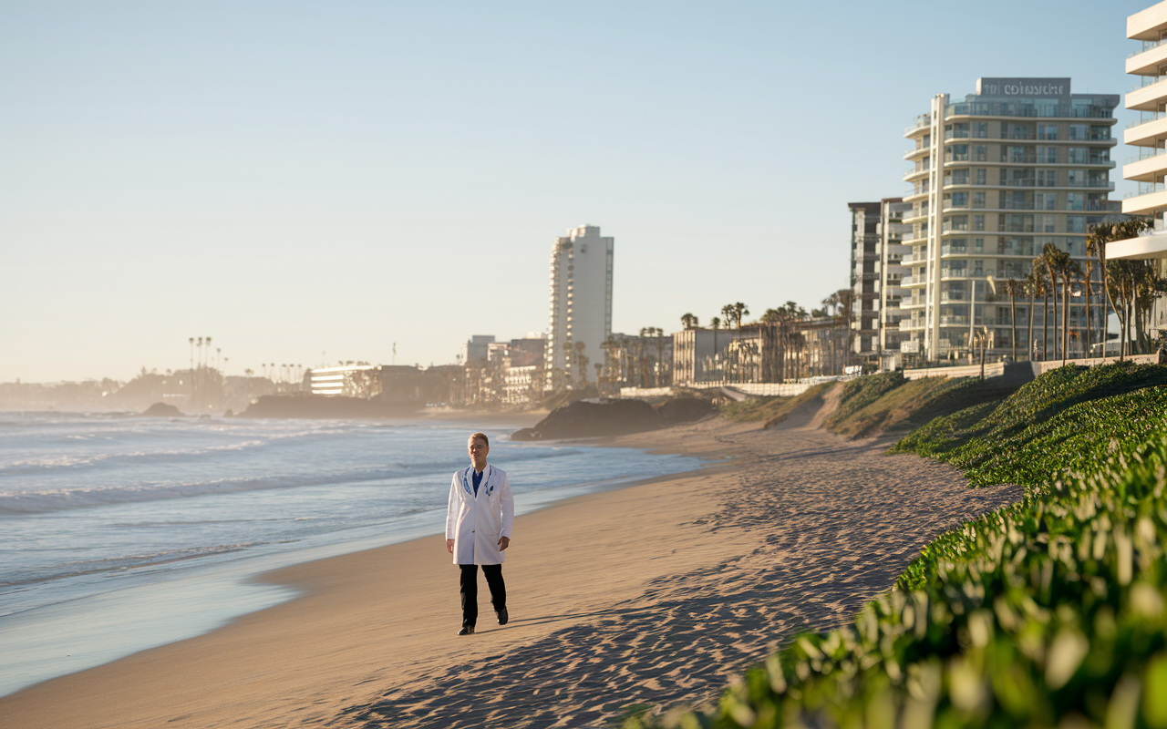 A serene coastal view in California, with a physician walking along the beach, enjoying the sun and a balanced life. In the background, glimpses of sophisticated urban settings mixed with nature illustrate the quality of life. The sky is clear, and the waves gently crash, representing both relaxation and demand for healthcare services. The scene captures a sense of tranquility and opportunity in a busy environment.