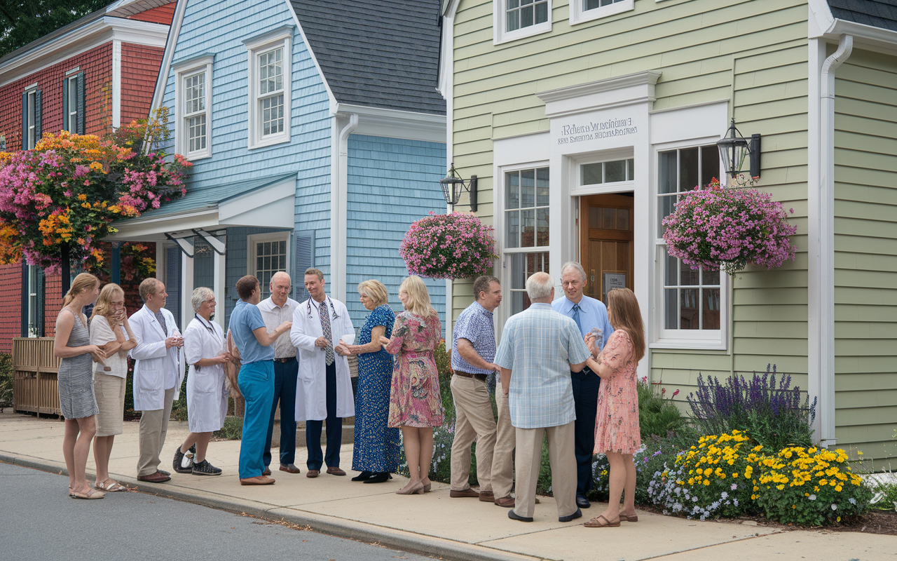 A quaint street scene in a Rhode Island town, featuring a close-knit community gathering in front of a small medical practice. Physicians and families are seen interacting, symbolizing the supportive environment. The overall ambiance is warm and inviting with colorful flowers and charming architecture, depicting a lighter regulatory burden and the essence of community healthcare.