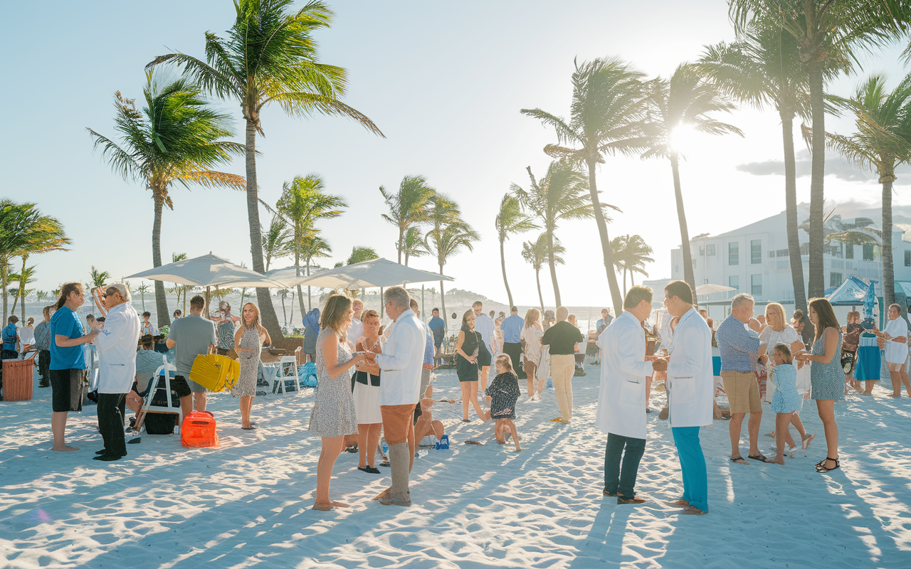 A sunny beach in Florida, where healthcare professionals are seen networking at a casual outdoor event. Palm trees sway in the background as physicians and families enjoy recreational activities and mingling. The atmosphere is vibrant and filled with life, showcasing no state income tax and a desirable lifestyle, making Florida a popular destination for healthcare providers.