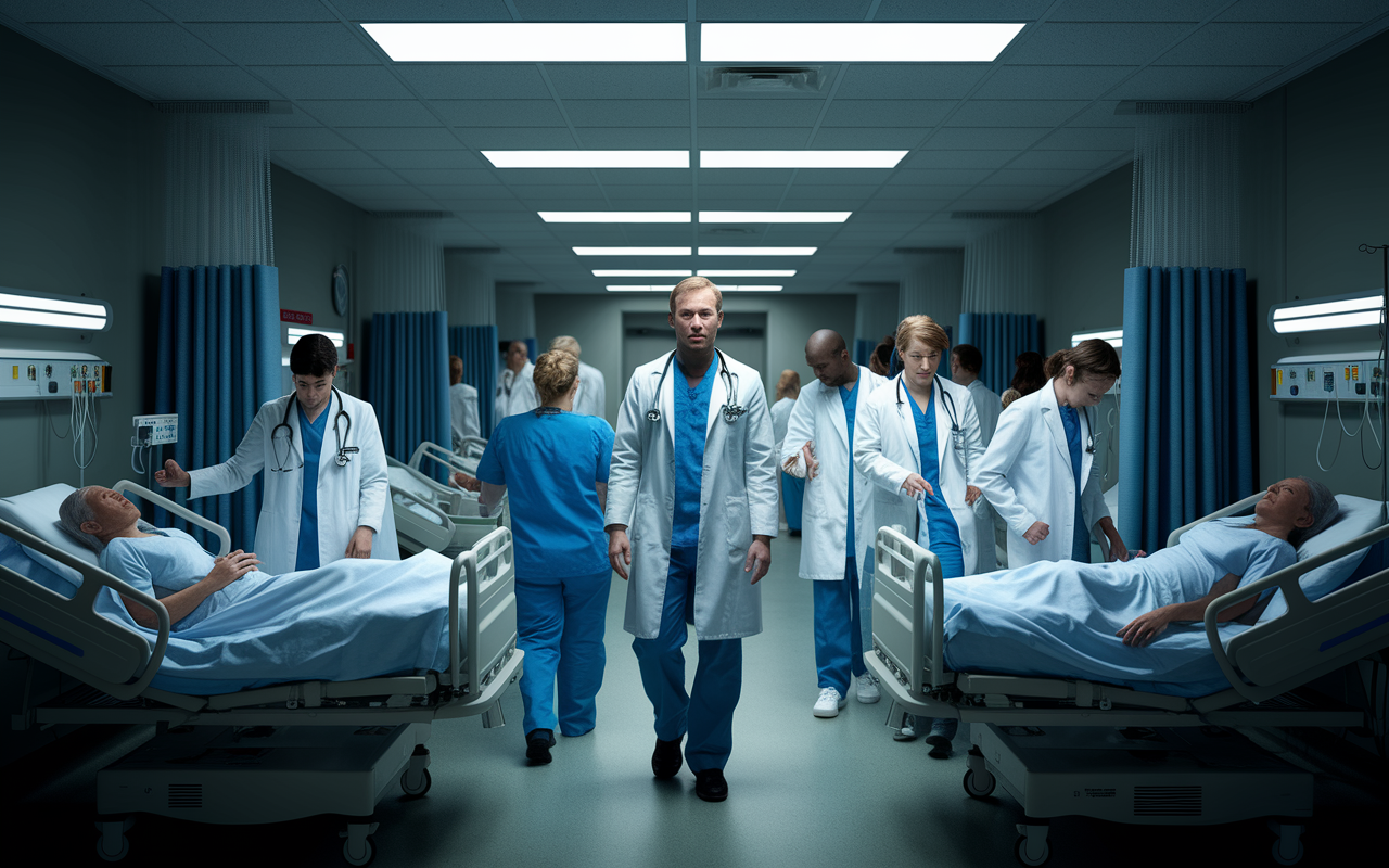 A stark depiction of a hospital in Alabama, with a focus on the overwhelmed medical staff dealing with high patient numbers. The drab environment highlights low compensation issues, and the expressions on the faces of the physicians reveal stress and concern about malpractice liability. Dim lighting and a gray sky outside reflect the challenging conditions faced within the healthcare system.