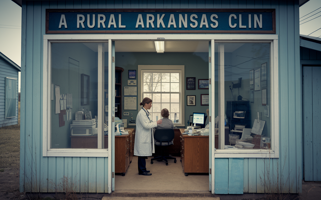 A representation of a rural Arkansas clinic struggling with limited resources. A physician is seen discussing patient care in a cluttered office, indicating cumbersome licensing processes. The area has a sense of isolation, with a faded landscape showing the challenges faced by healthcare providers. The time of day is overcast, adding to the somber tone.