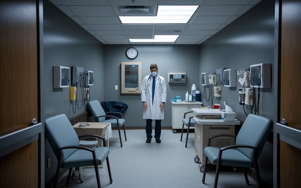 A gray, desolate view of a small medical facility in Mississippi, where a physician is gloomily observing the low patient turnout. The setting reflects the state's healthcare struggles with high insurance rates and challenging conditions. The overall atmosphere feels heavy, emphasizing a lack of support leading to burnout among practitioners in this environment.