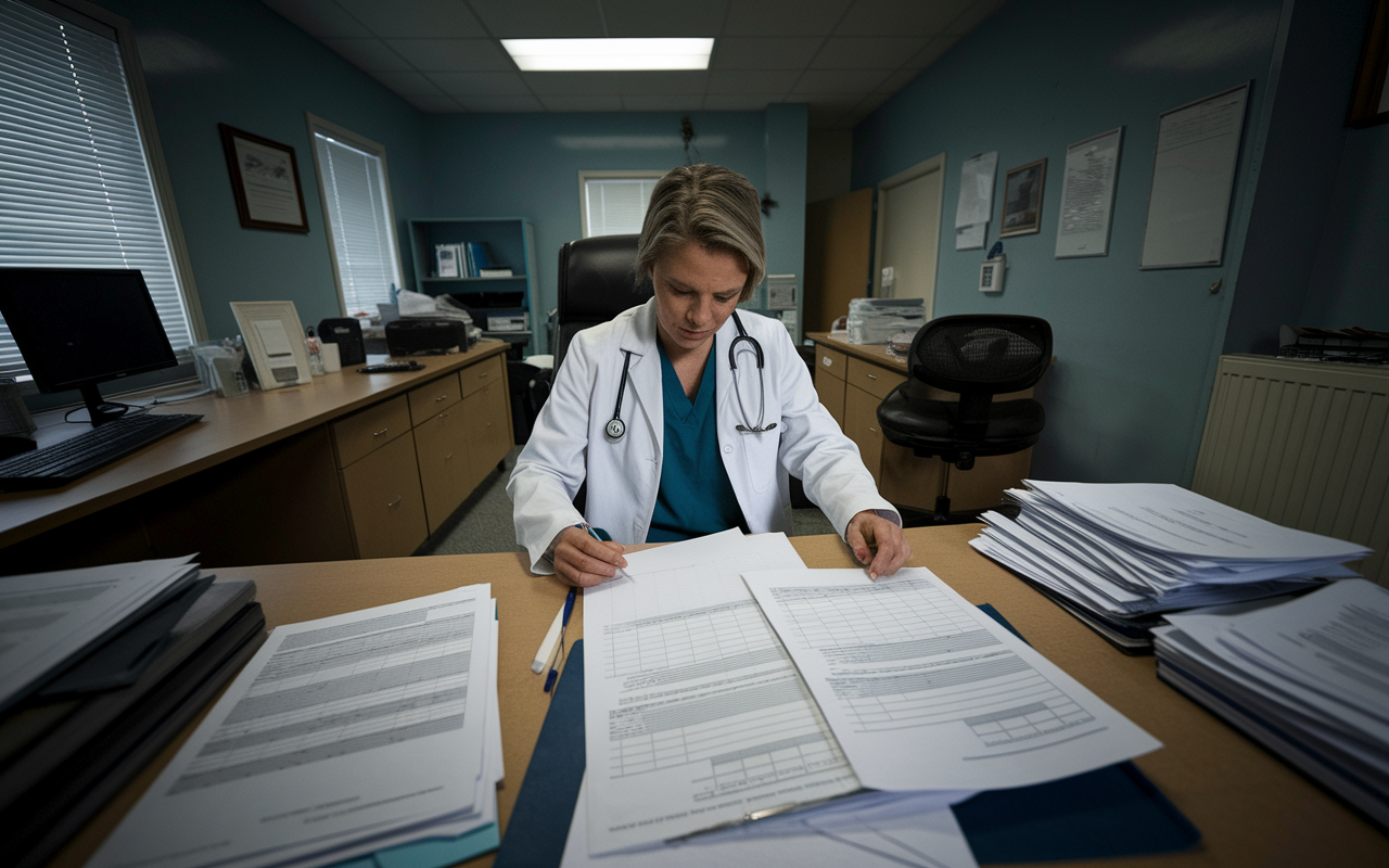 A medical office setting in Kentucky with a physician looking frustrated as they navigate complicated licensing paperwork. The office is cramped and disorganized, reflecting inadequate resources and support. The lighting is dim, emphasizing the burdens faced by practitioners in this difficult environment.