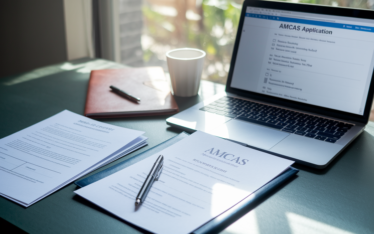 An organized workspace featuring official transcripts, MCAT score reports, and letters of recommendation on a desk, next to a laptop displaying the AMCAS application page. The setting exudes a sense of preparation and diligence, with a checklist visible, marking off each gathered document. Natural light filters through a nearby window, creating a positive and hopeful atmosphere.