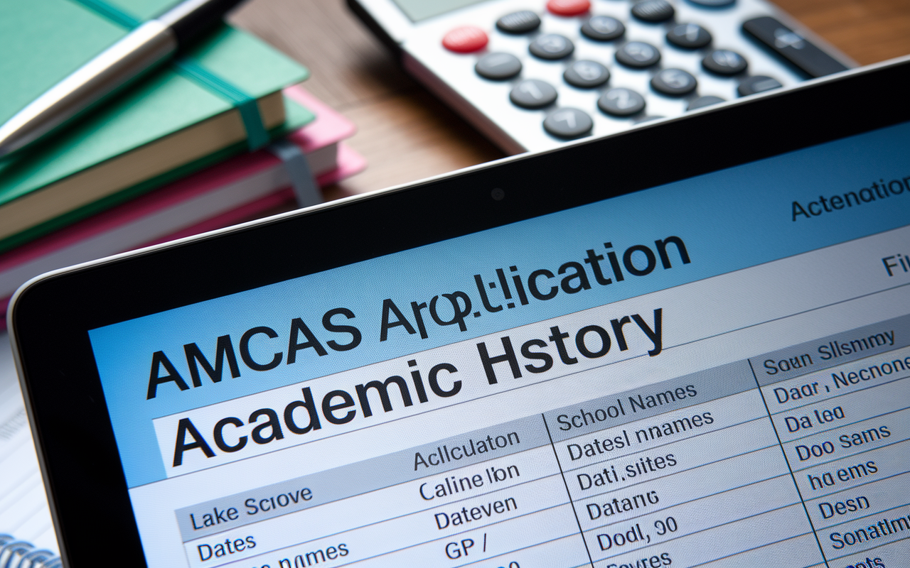 A close-up view of a laptop screen showing the AMCAS application academic history section filled with data like school names, dates, and GPA. The background shows notebooks and a calculator, emphasizing the meticulous attention to academic achievements. The lighting is bright and focused, illustrating clarity and concentration.