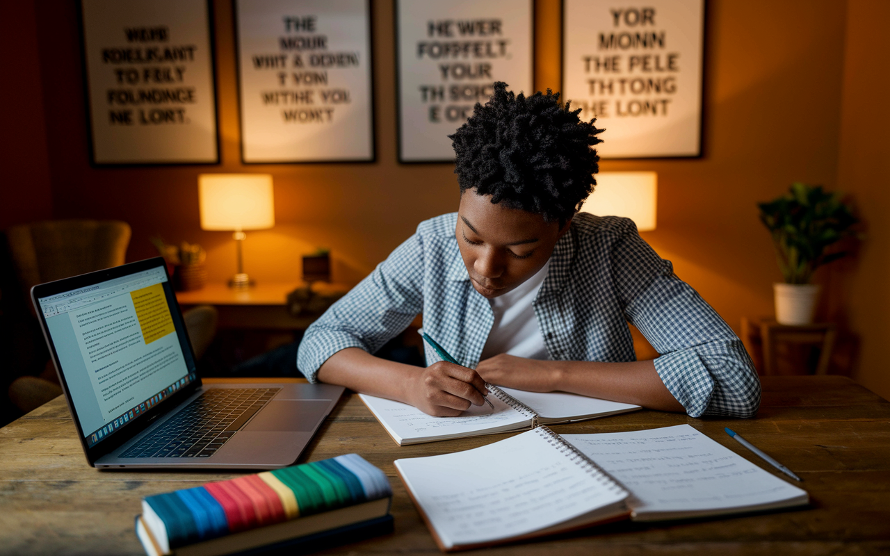 A young student at a wooden desk, deeply engaged in writing their personal statement for medical school. They are surrounded by inspirational quotes on the wall, a laptop displaying a word document with highlighted text, and a notebook filled with rough drafts. The room is warmly lit, creating an atmosphere of reflection and determination.