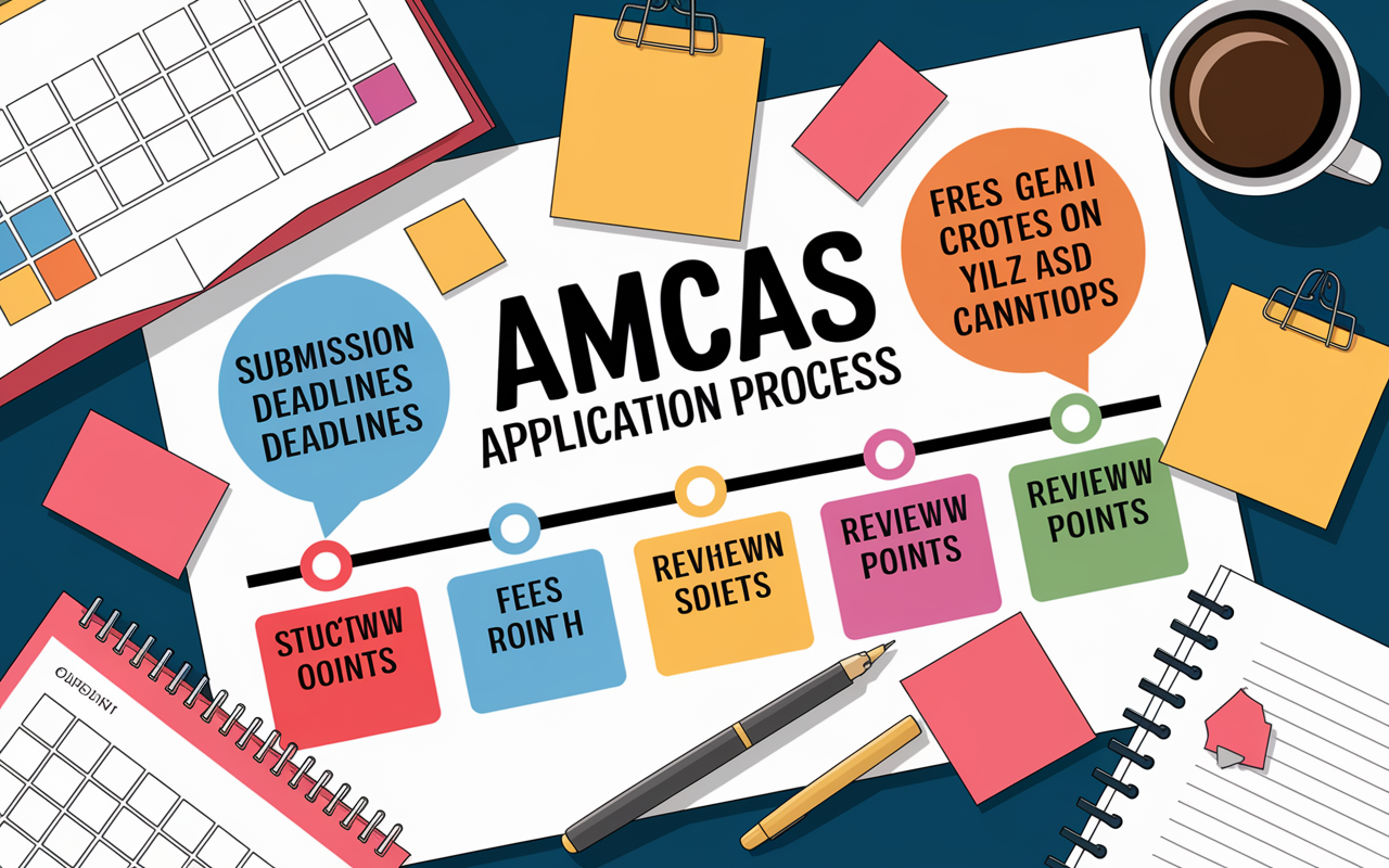 An illustrated timeline on paper showing key dates and tasks related to the AMCAS application process. Color-coded markers indicate submission deadlines, fees, and review points, with a calendar, sticky notes, and a pen scattered around. The setting is bright, featuring motivational quotes that inspire focus and organization.