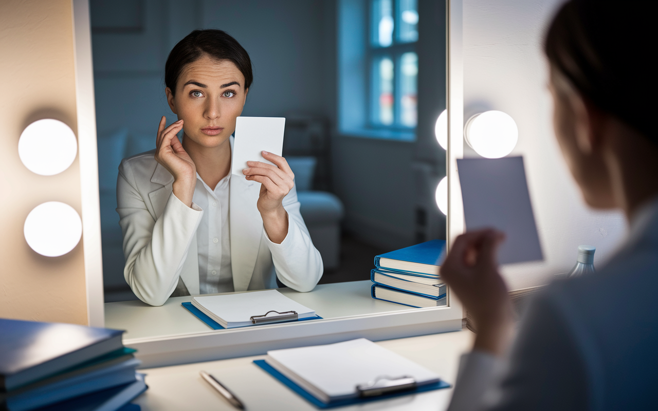 A nervous applicant practicing interview responses in front of a mirror, clad in professional attire, with flashcards in hand. The room is softly lit, reflecting a personal and intimate setting, filled with medical books and notes, conveying a sense of anticipation and preparation.