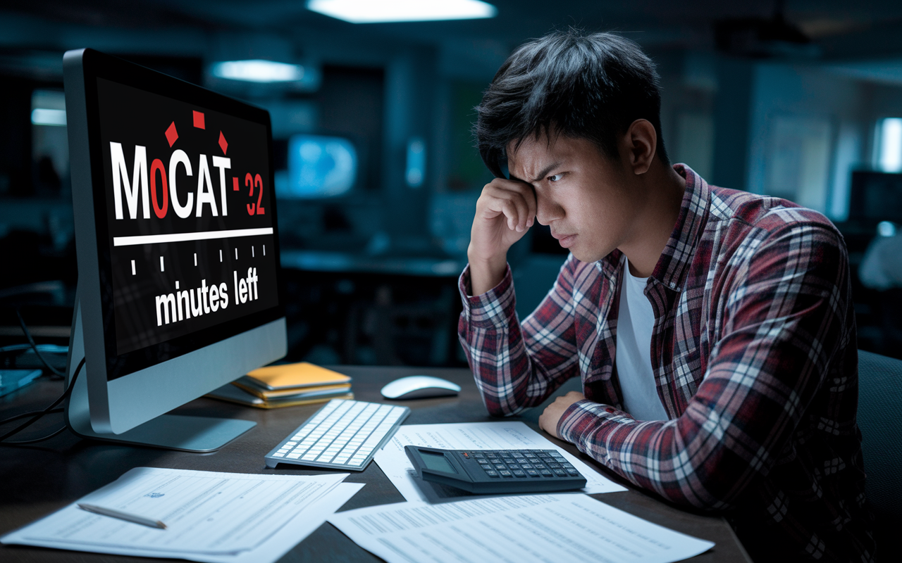 A tense yet focused scene of a student sitting at a desk under time pressure while taking an MCAT practice test. The room is dimly lit with a countdown timer visible, showing only a few minutes left. The student, a young Asian male, appears deep in thought, furrowing his brow as he reviews a problem on the computer screen. Papers with notes and a calculator are scattered around him, symbolizing high-stakes preparation. The atmosphere is charged with determination and urgency.