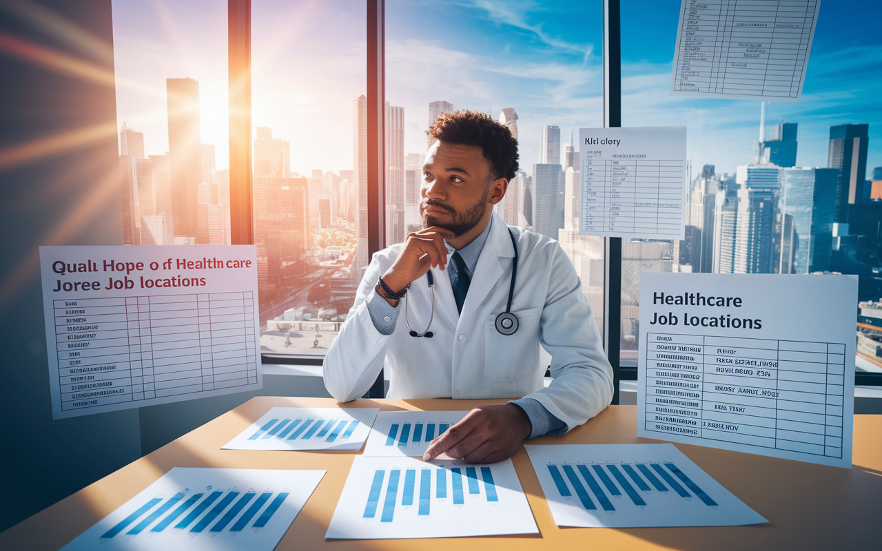 A thoughtful doctor in a light-filled office, surrounded by charts and lists assessing the quality of healthcare job locations. The room features a large window with a view of a bustling city, symbolizing various opportunities. On the desk, there are papers highlighting criteria such as salary, work-life balance, and community engagement. The lighting casts a warm glow, evoking a sense of hope and consideration for physicians evaluating their career paths.