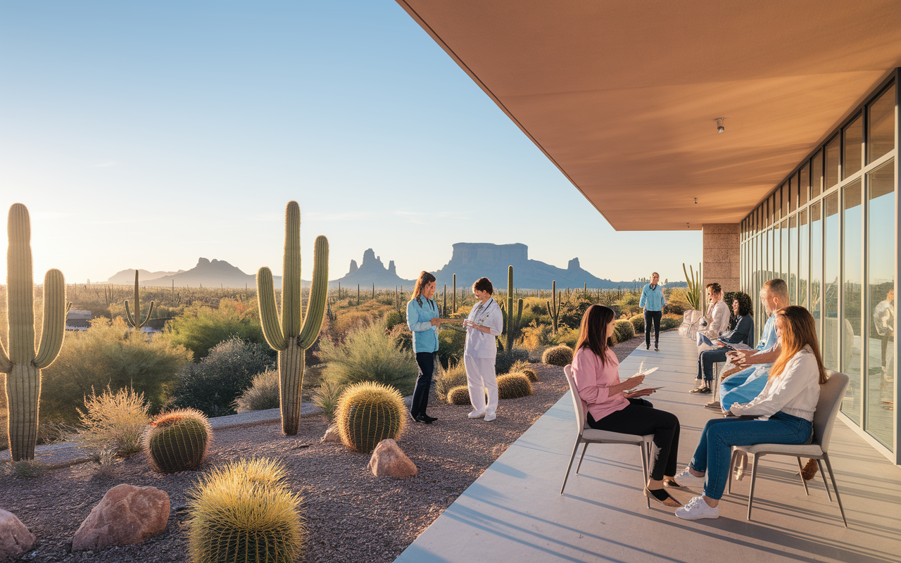 A sunny, expansive view of Phoenix showcasing healthcare professionals engaging with diverse patients in a modern clinic setting. The warm climate is highlighted with cacti and a clear blue sky, representing outdoor opportunities for healthcare workers. The scene conveys an atmosphere of growth and development in the rapidly evolving healthcare sector in Phoenix.