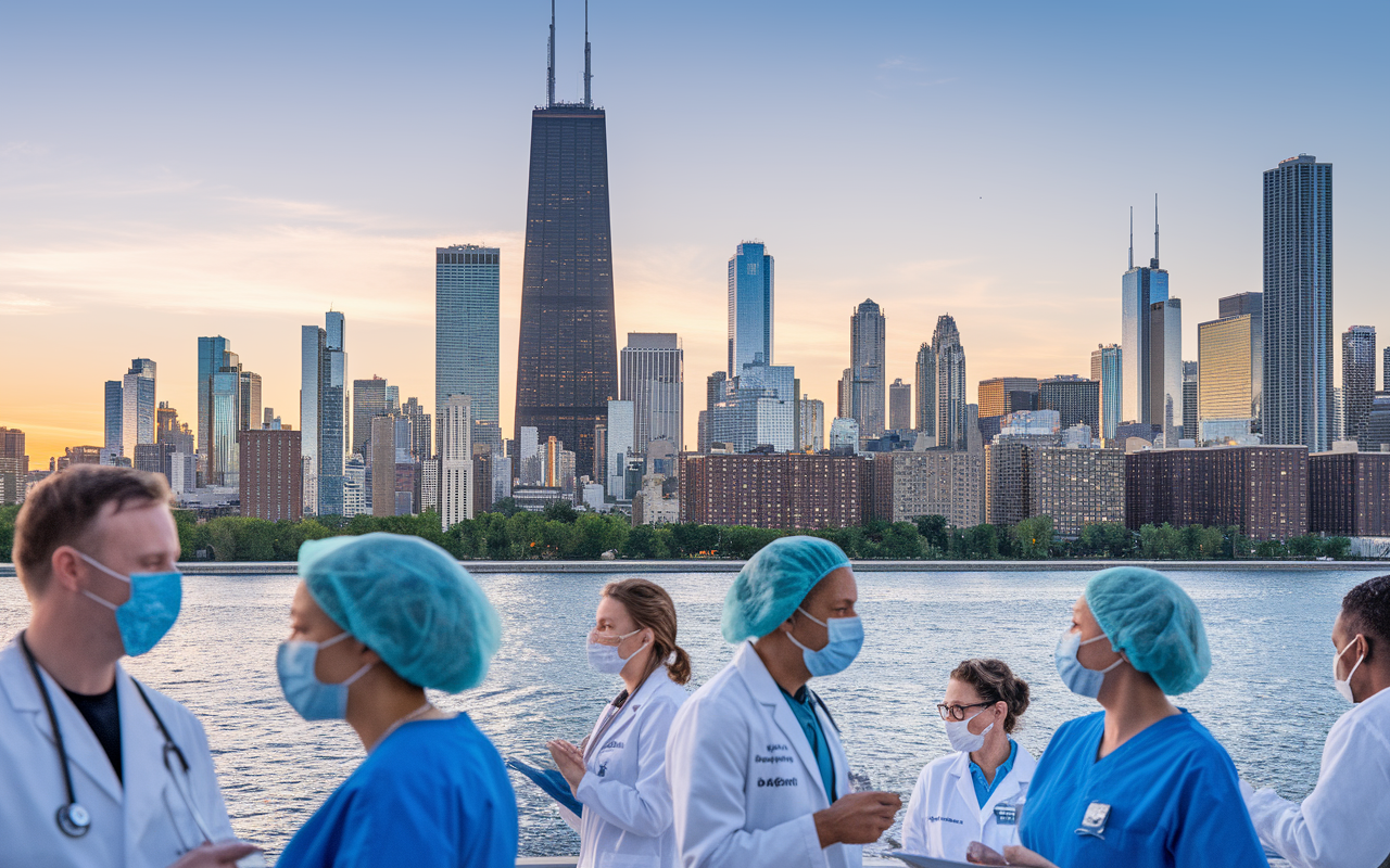 A bustling healthcare scene in Chicago, showcasing Northwestern Memorial Hospital filled with healthcare professionals attending to patients. The skyline is visible in the background, highlighting the blend of urban life and community-focused care. In the foreground, doctors and nurses collaborate, reflecting the vibrant culture and diverse opportunities present in the city.