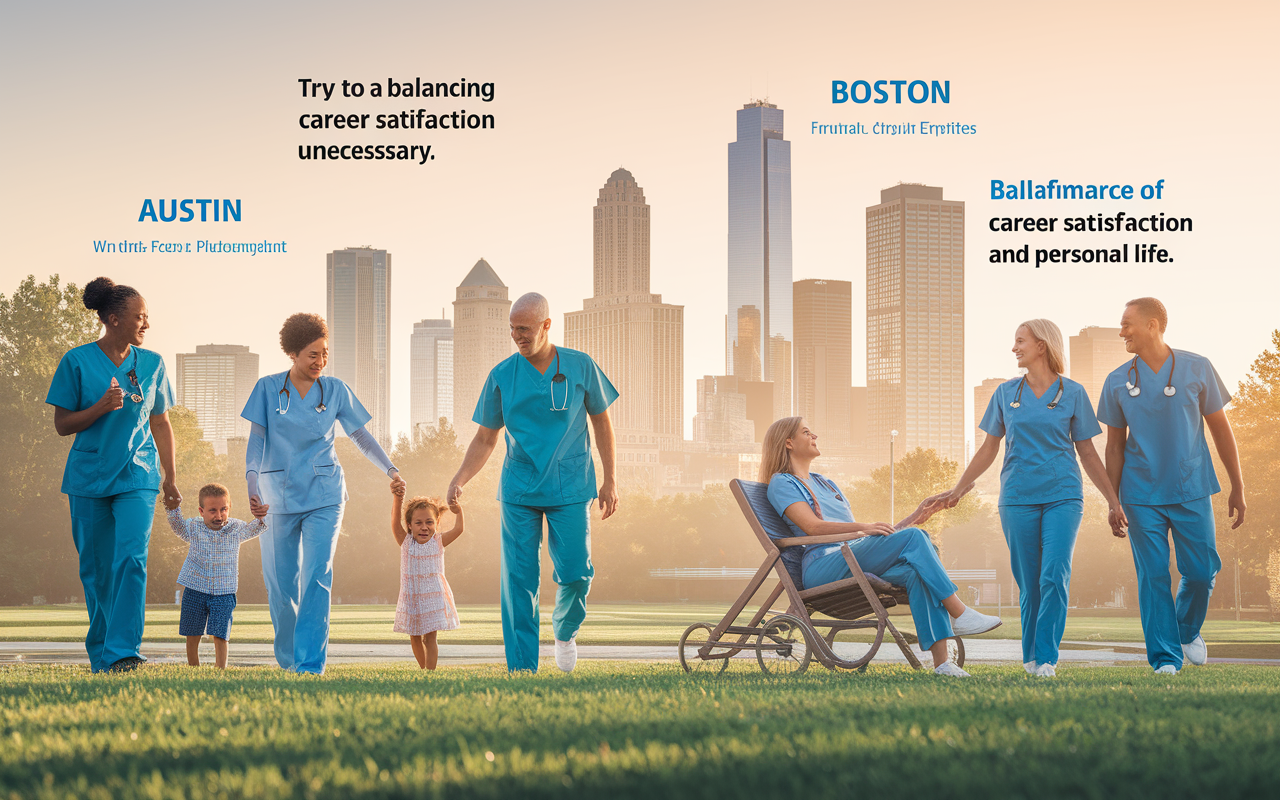 A harmonious scene showing healthcare professionals enjoying a balanced life outside the hospital, engaging in community activities or relaxing at a park with family and friends. The backdrop features various cities mentioned in the article like Austin and Boston with their respective iconic elements. Soft, warm lighting evokes a feeling of fulfillment, emphasizing the importance of balancing career satisfaction and personal life.