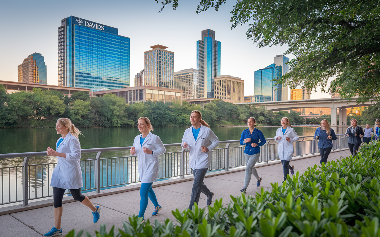 A vibrant urban scene in Austin, Texas, featuring St. David's Medical Center in the background with healthcare professionals engaging with patients and utilizing cutting-edge health technology. The foreground captures doctors enjoying outdoor activities, such as jogging along Lady Bird Lake, amidst lush greenery with the Texas skyline on the horizon. The atmosphere is bright and lively, reflecting the local culture and innovation in healthcare.