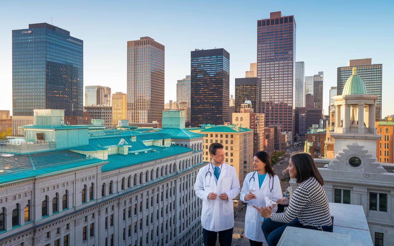 A scenic view of Boston featuring iconic hospitals like Mass General and Brigham and Women's Hospital, bustling with healthcare workers and researchers. The foreground shows a dedicated doctor discussing patient care with colleagues against a backdrop of historic architecture. Bright, clear skies and the activity of the city highlight the interconnectedness of healthcare and education, emphasizing Boston’s role in medical research and community engagement.