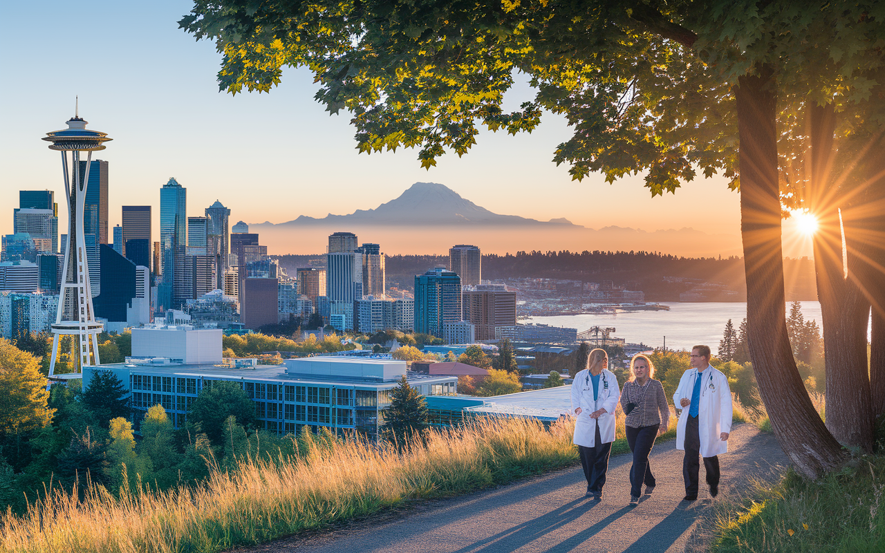 A picturesque view of Seattle showcasing the University of Washington Medical Center alongside stunning natural surroundings. Doctors engage with patients in the hospital, while outdoor scenes capture healthcare professionals hiking in the lush Pacific Northwest outdoors, with the Space Needle and mountains in the background. The bright sunlight filtered through trees symbolizes innovation and balance, highlighting Seattle’s robust healthcare sector.