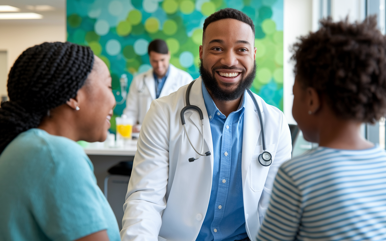 A friendly and inviting scene in Minneapolis showing a happy physician smiling as they interact with a family in a well-equipped clinic. In the background, a community event is taking place, reinforcing a commitment to healthcare access for all. The bright, sunny day and vibrant greens convey a sense of quality of life, showcasing a city that blends healthcare and community spirit.