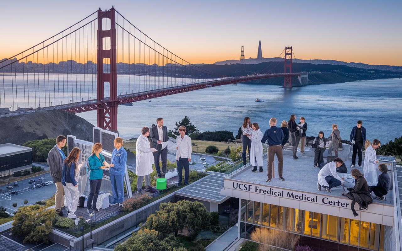 An inspiring view of the San Francisco Bay Area with UCSF Medical Center at its forefront. Healthcare professionals are seen collaborating on innovative medical technologies amidst a backdrop of the Golden Gate Bridge. The rich cultural diversity of the Bay Area is evident with a blend of people, colors, and activities, symbolizing growth and opportunity in healthcare.