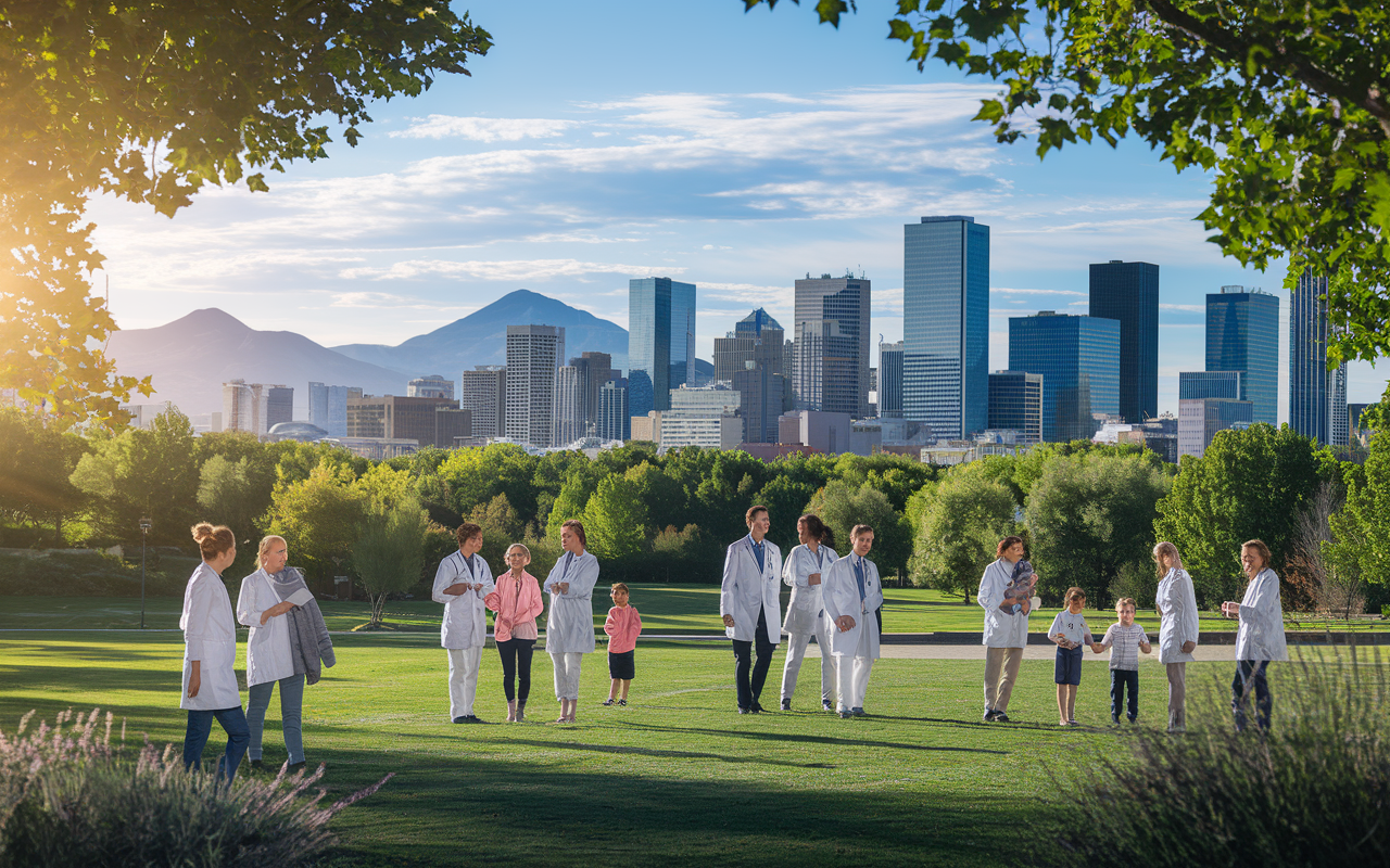 An expansive view of Denver showcasing its dynamic healthcare environment with doctors engaging in wellness initiatives in a picturesque park setting under the Rocky Mountains. The image captures healthcare professionals interacting with families in a community setting, with the bright, sunlit atmosphere promoting a sense of health and happiness.