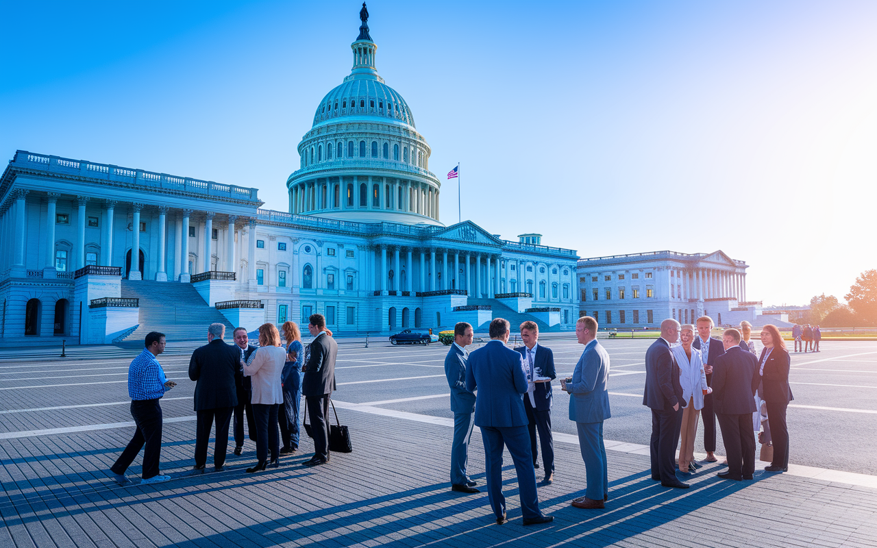 A vibrant Washington D.C. scene featuring healthcare professionals networking at a healthcare conference near the iconic Capitol building. Diverse healthcare specialists engage in discussions about policy and advocacy, set against a backdrop of the city's rich history. The bright, clear day reflects the significance and opportunity present in this part of the country's healthcare landscape.