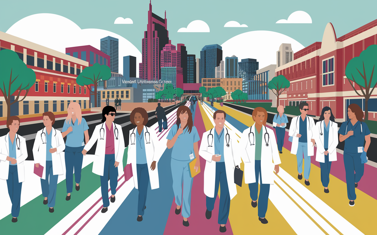 A lively healthcare scene in Nashville, combining the vibrancy of Music City with a strong healthcare workforce. Healthcare professionals are depicted at Vanderbilt University Medical Center, collaborating alongside music events in the background. The color palette is energetic and warm, embodying the community-focused healthcare initiatives and the eclectic atmosphere of Nashville.