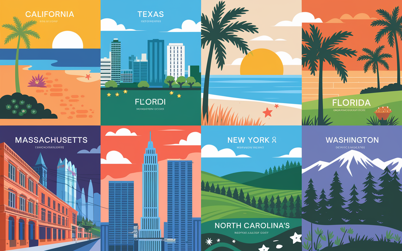 A vibrant collage depicting seven different states in the USA celebrated for their opportunities for medical specialists. Each section features unique landmarks and lifestyles: California with palm trees and a beach scene, Texas with a modern skyline and green landscapes, Florida showcasing sunny beaches and palm trees, Massachusetts with historic buildings, New York represented by a bustling urban scene, North Carolina's rolling hills and greenery, and Washington with mountains and forests in the background. The atmosphere is bright and inviting, highlighting the benefits of each state for medical professionals.