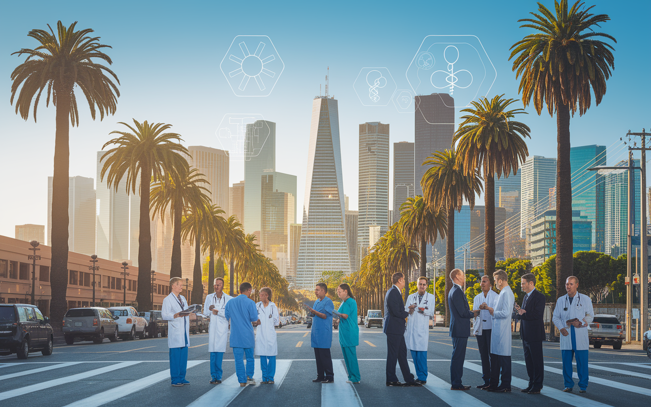 A scenic view of California showcasing a bustling city skyline with high-rise buildings and palm trees, symbolizing opportunities for medical specialists. The image includes a diverse group of healthcare professionals engaged in conversations. Highlight the sunny, clear sky and vibrant street life, capturing the energy of the state. Reflect an atmosphere of growth and innovation with medical symbols subtly integrated into the landscape.