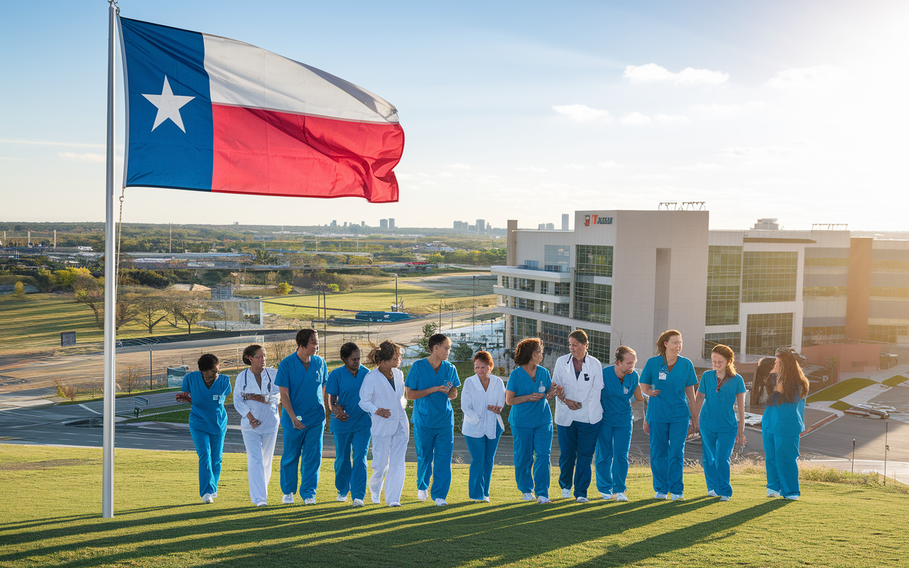 A bright and vibrant Texas scene showcasing a diverse group of medical professionals in scrubs collaborating outdoors, with modern healthcare facilities in the background. The Texas flag waves in the breeze, highlighting the state pride, against a backdrop of urban and rural landscapes blending together. Capture the essence of community and collaboration in healthcare, with a warm, sunny atmosphere.