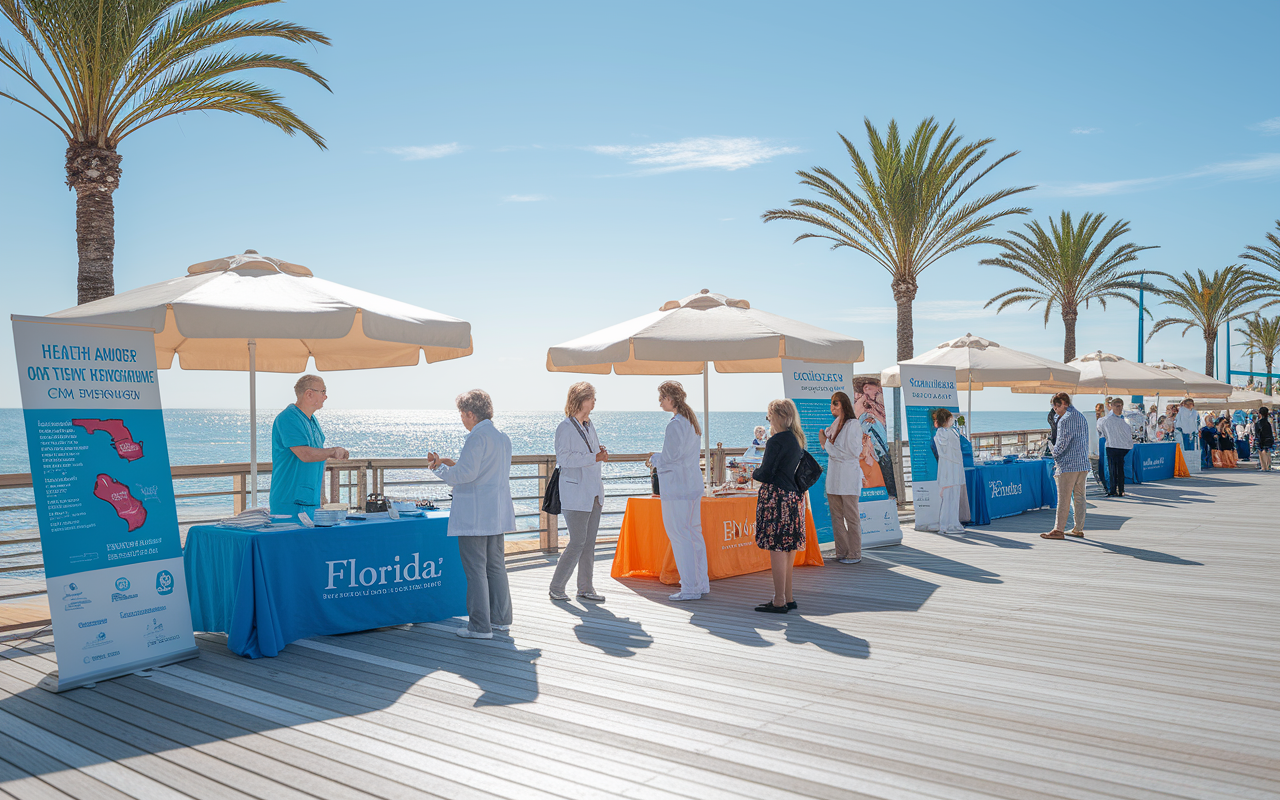 A sunny scene in Florida featuring a medical fair at a beachside boardwalk, with booths showcasing various specialties and interactions between healthcare professionals and the public. Include palm trees, beach umbrellas, and health awareness posters in the background. The image should radiate joy and community engagement, capturing the relaxed yet professional atmosphere of Florida’s medical landscape.