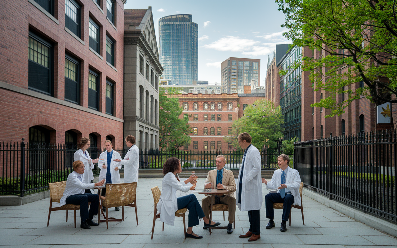 A sophisticated scene in Massachusetts featuring renowned medical institutions in Boston, with doctors and researchers engaging in discussions outdoors in an academic setting. Historical architecture and modern innovations blend, representing the state’s respect for history and progress. The atmosphere is intellectual and vibrant, capturing the essence of high medical standards and collaboration.