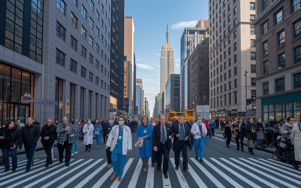 An energetic scene in New York City showcasing bustling hospital outposts and healthcare professionals among the skyscrapers, with a diverse crowd in the foreground. The iconic Empire State Building is visible nearby, symbolizing the heights of both healthcare and city life. Capture the busy atmosphere and the urgency of medical practice in an urban environment.