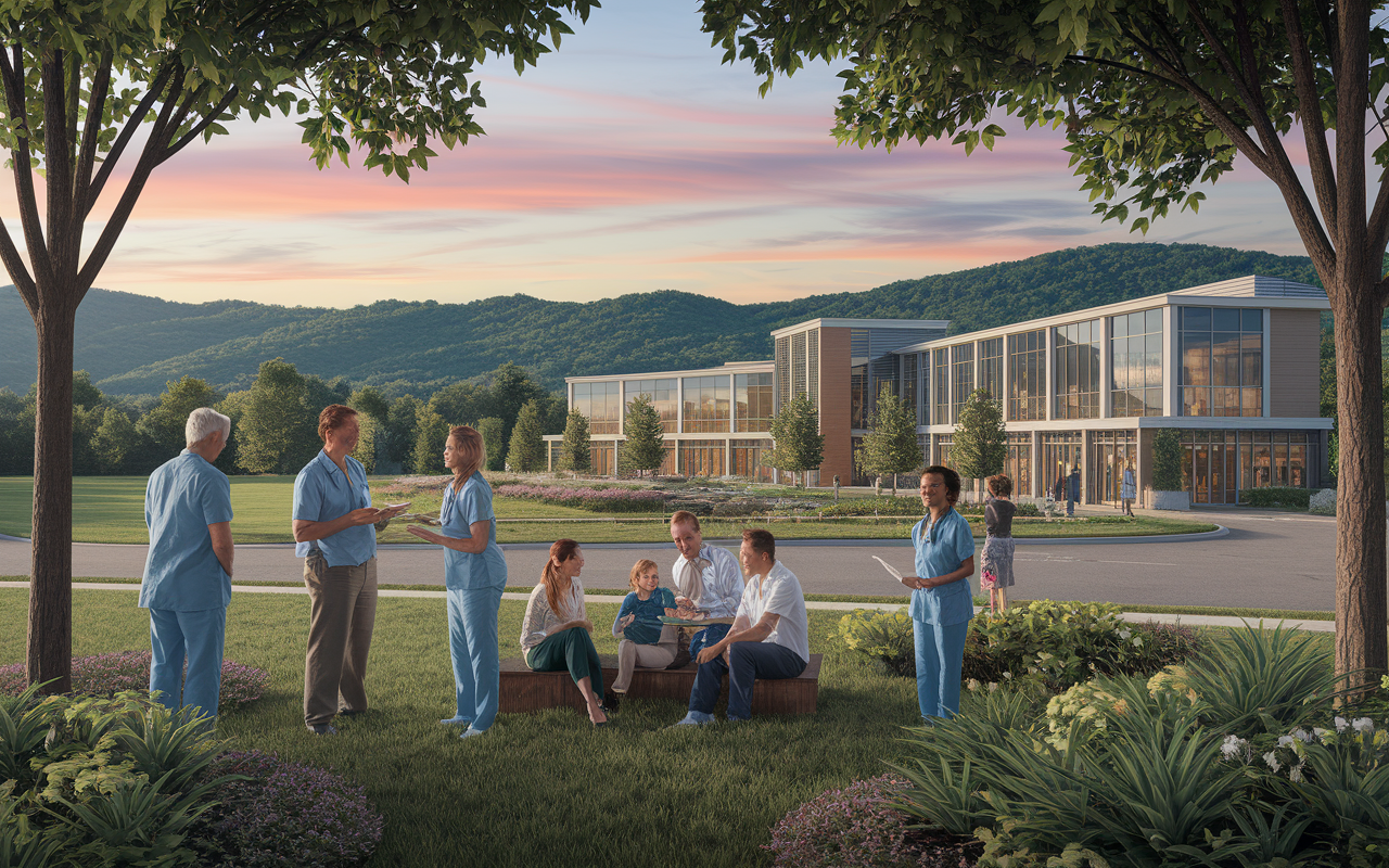 A picturesque scene in North Carolina demonstrating a peaceful hospital setting surrounded by nature, with healthcare professionals talking with families outdoors. Highlight the state’s blend of urban and rural appeal, showcasing hospitals with modern architecture amid a backdrop of rolling hills. The atmosphere is calm and family-oriented, representing an ideal work-life balance for medical specialists.