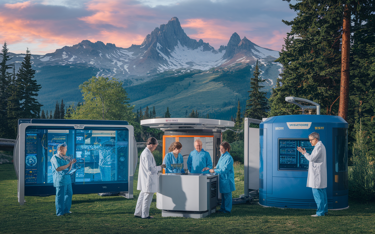 A dynamic scene in Washington portraying a healthcare facility focused on technology and innovation, with medical professionals utilizing modern equipment outdoors, backed by mountainous landscapes. Represent a high-tech atmosphere filled with energy and enthusiasm for future healthcare, illustrating collaborative work among specialists and researchers in a beautiful outdoor setting.