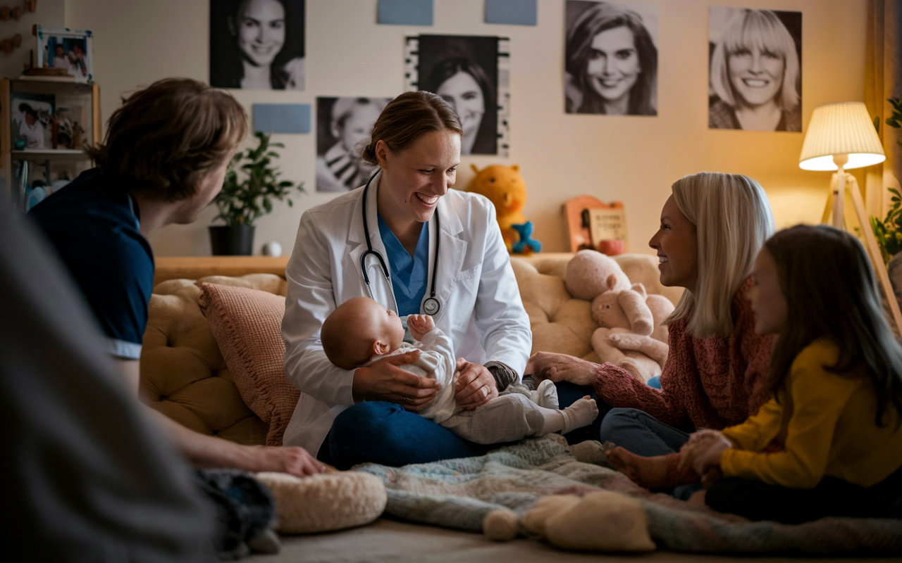 A joyful scene of a doctor in a cozy home setting, spending quality time with a baby, surrounded by family. The room is warmly lit, filled with family photographs, soft toys, and an atmosphere of love and connection. This image highlights the importance of family time for medical professionals in Sweden, showcasing the balance between work and personal life.