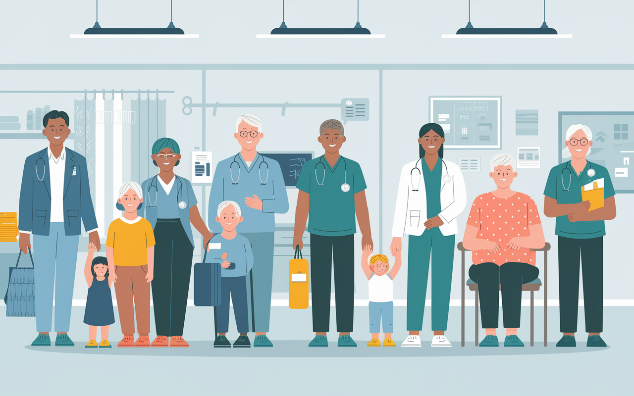 An illustrative representation of Sweden's universal healthcare system, showing diverse residents including families and seniors, all accessing healthcare services without barriers. Visuals of friendly healthcare workers assisting patients in a well-equipped clinic, emphasizing equality and high-quality care for everyone. Bright and optimistic lighting enhances the sense of community and support.