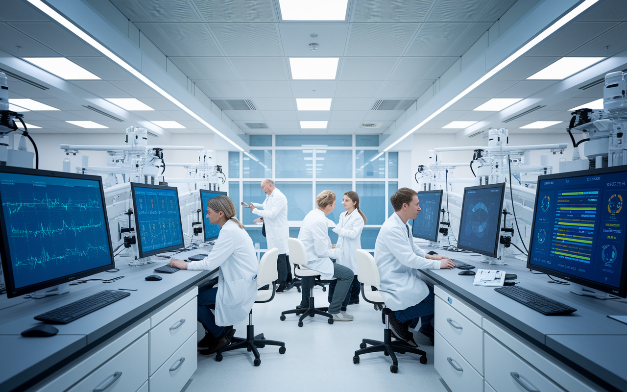 A dynamic scene of a group of Swedish doctors engaged in a high-tech research laboratory, surrounded by advanced medical equipment and screens displaying innovative data. The environment is bright and modern, highlighting the forefront of medical research and technology. This reflects Sweden's position as a leader in medical innovation and professional development.