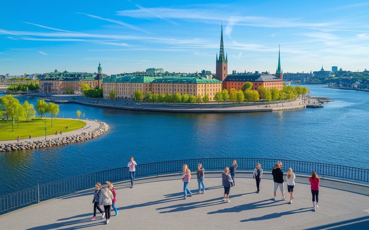 A panoramic view of Stockholm's stunning coastal landscape, featuring beautiful waterways, green parks, and historic architecture under a bright blue sky. People of various ages enjoying outdoor activities, all showcasing Sweden's commitment to a high quality of life and sustainable living. The image conveys a vibrant and healthy lifestyle tailored for families and professionals.