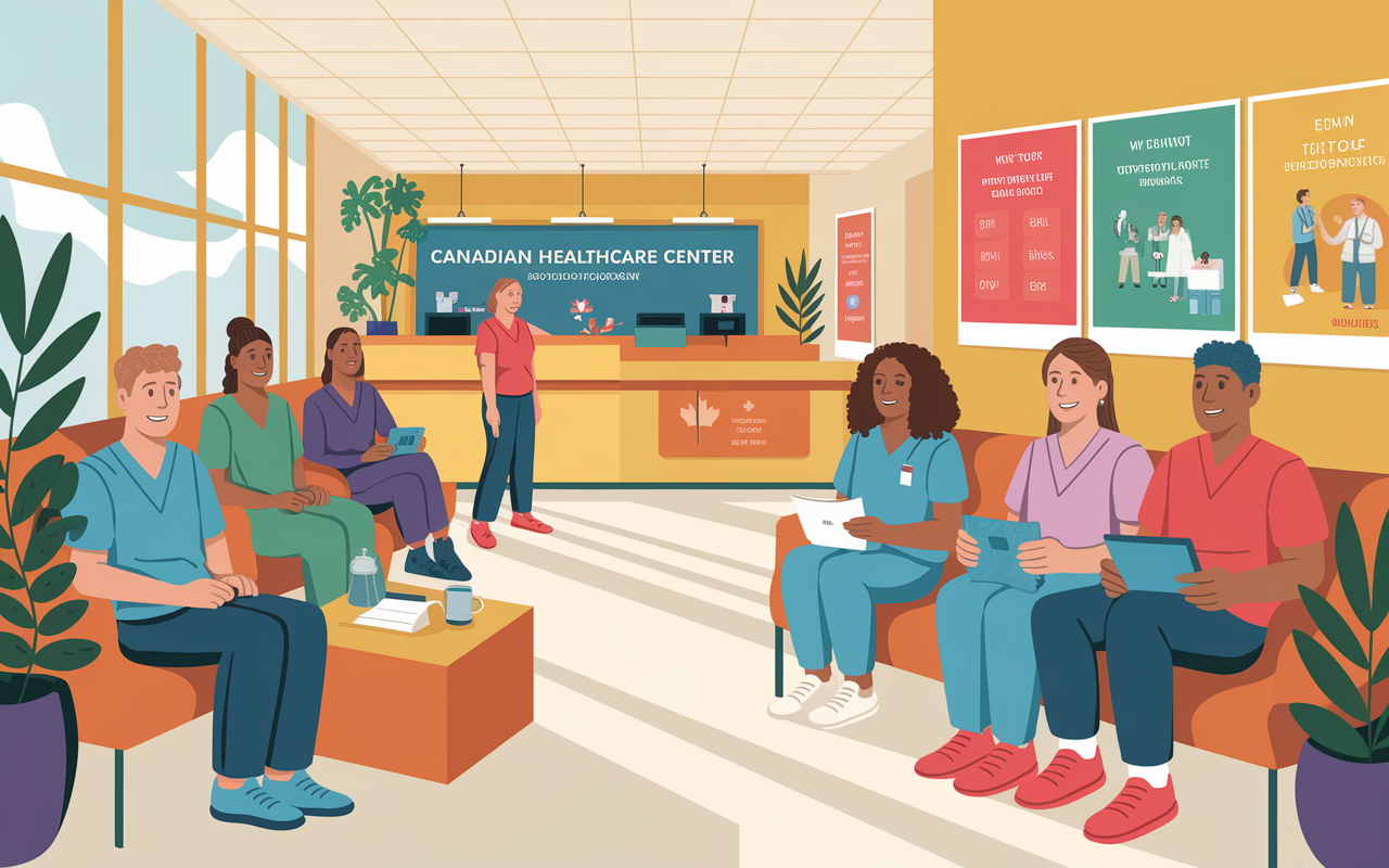 A vibrant and engaging illustration of a Canadian healthcare center, showcasing a welcoming reception area with smiling staff and diverse patients waiting for treatment. The scene is filled with natural light, plants, and comfortable seating, emphasizing community health and inclusiveness. Colorful posters on the walls highlight wellness and preventive care, creating an atmosphere of accessibility and support.