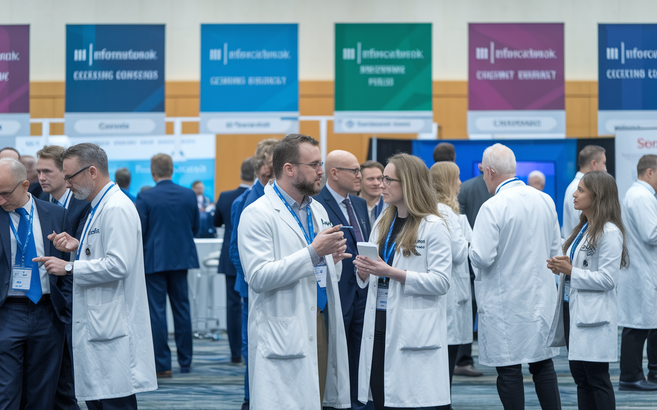 An engaging scene from a medical conference in Canada, showcasing a diverse group of physicians collaborating and sharing ideas. The background features banners of various medical specialties, and attendees are seen discussing and networking around informational booths. The atmosphere is vibrant, filled with intellectual energy and enthusiasm for learning, highlighting the commitment to continuous education in the healthcare field.